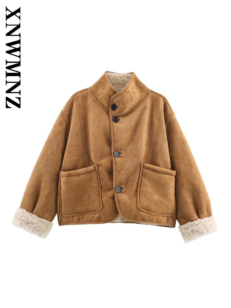 

XNWMNZ 2025 осеннее новое женское винтажное модное пальто с длинным рукавом и воротником-стойкой, повседневное женское коричневое однобортное пальто