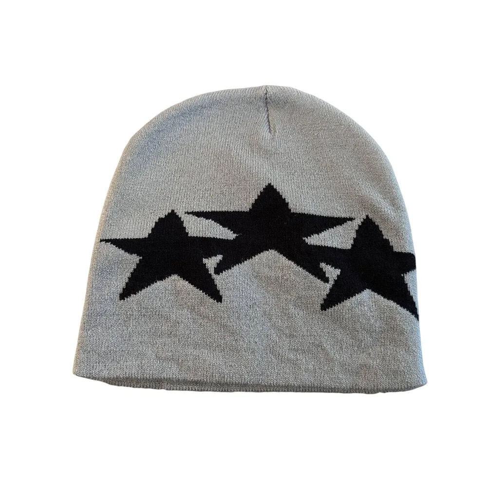 Star Print Knitted Beanie Hat Windproof Cozy Thermal Warm Knit Hat Street Wear Pullover Style Gothic Punk Hat Autumn Winter