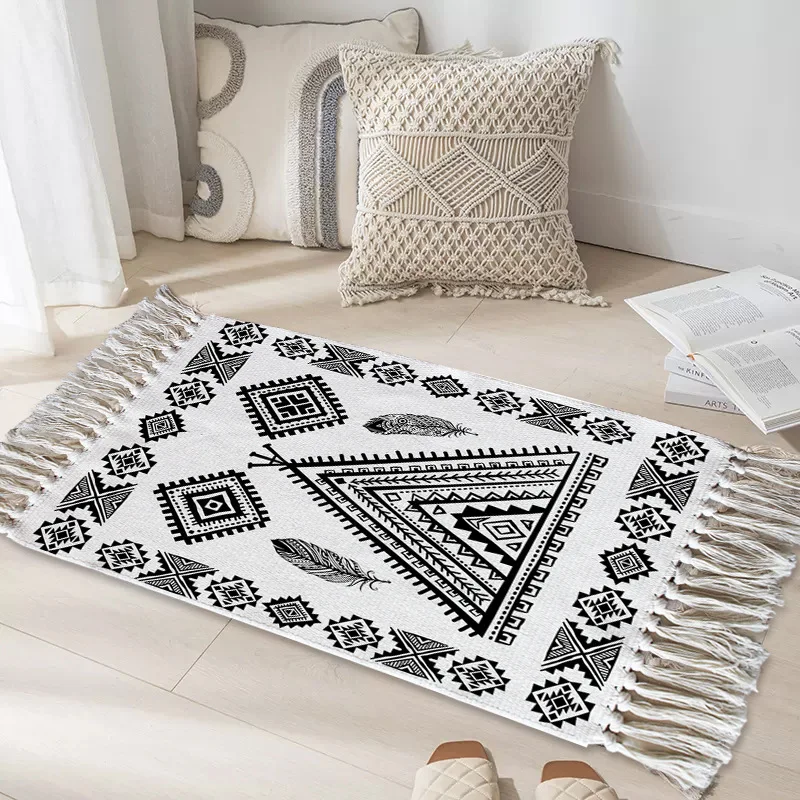 Premium Bohemian Bath Mat with Fringe Machine Washable Door Mat for Entryway Poly Cotton Carpet for Living Room Decor