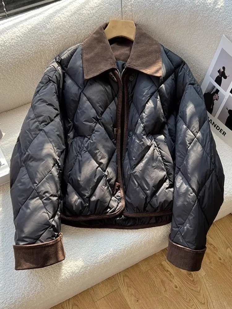 Inverno das mulheres curto para baixo casaco de veludo emendado turndown colarinho puffer jaqueta zíperes casual quente outerwear argyle venda quente casacos