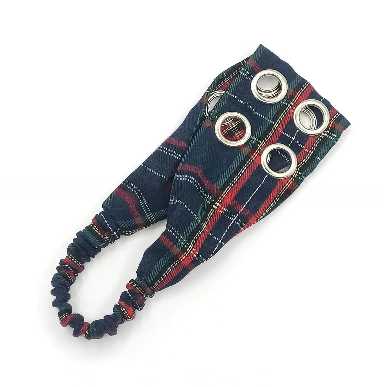 Women Plaid Wide Headband Y2K Punk Style Double‑Row Metal Eyelet Elastic Hair Band Retro Scottish Plaid Street Hair Accessories