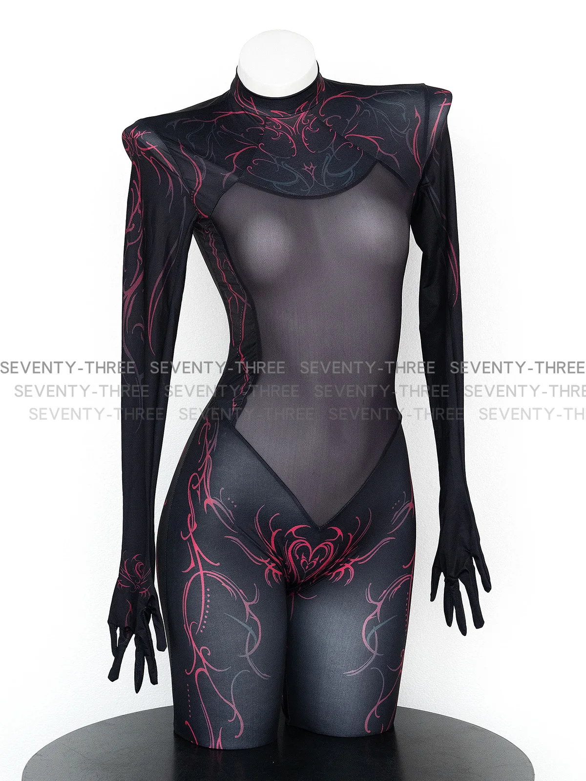 Women's tight jumpsuit printed splicing bodysuit skeleton tulle one-piece full-body socks role-playing costume sexy anime play