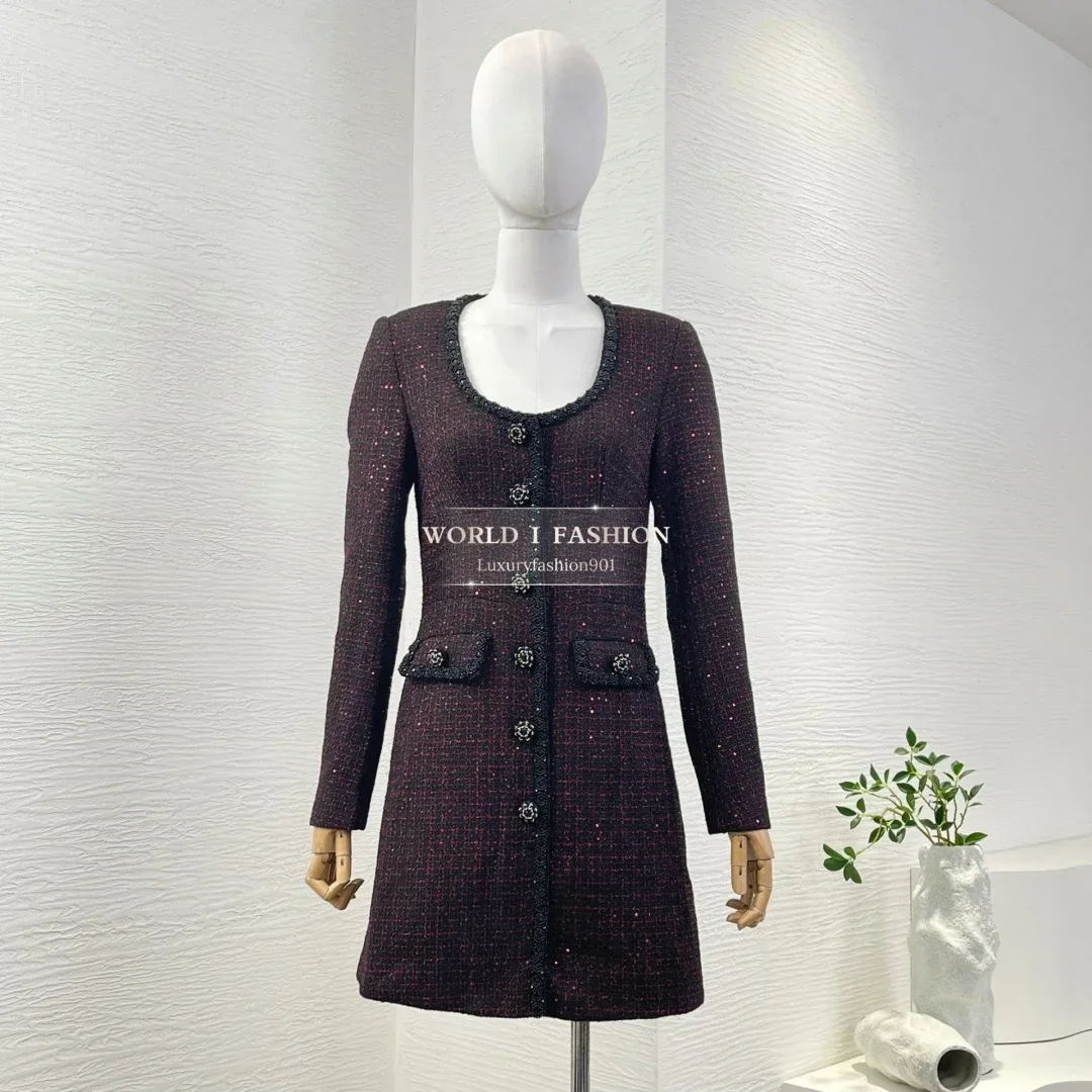 

2025 New High Quality Beautiful Black Long Sleeve Sequins Knit U Neck Mini Dress