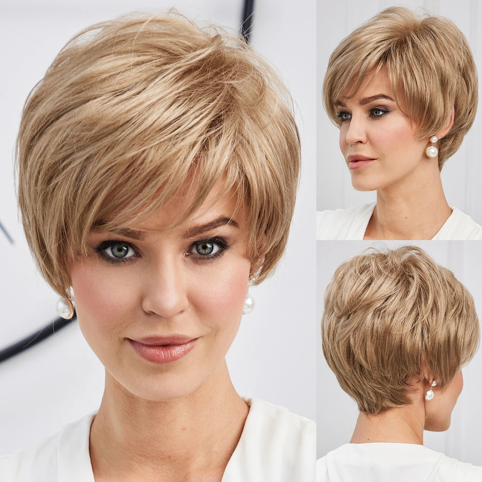 

Short Pixie Cut Synthetic Kanekalon Wigs Golden Brown Layered Fluffy Wig with Bangs Daily Party Cosplay Hair Wigs for Women Use