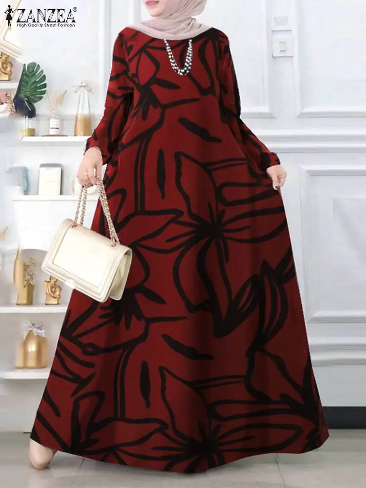 

Vintage Long Sleeve Floral Printed Maxi Sundress Casual Loose Dubai Turkey Abaya Hijab Vestido ZANZEA Women Autumn Muslim Dress