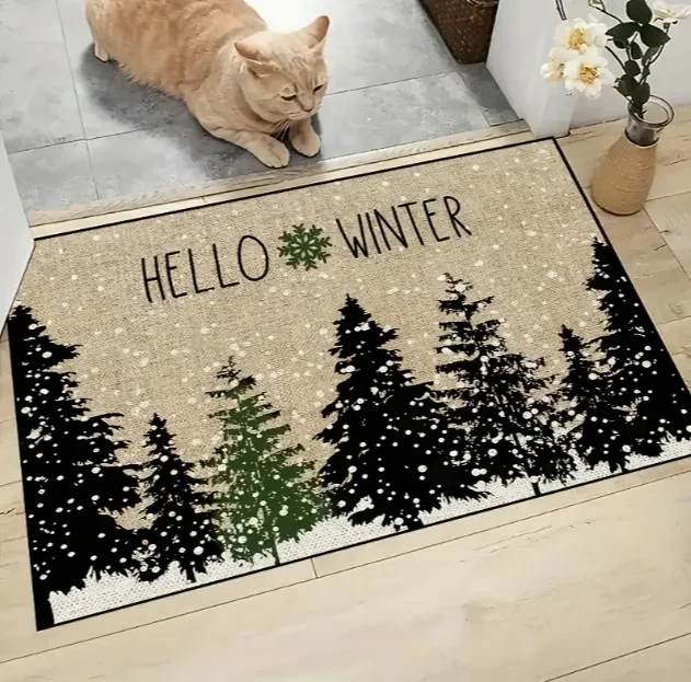 Rustic Winter Forest Doormat Black Cedar Tree Snowfall Pattern Rug   Hello Winter Slogan Decor for Indoor Household Porch