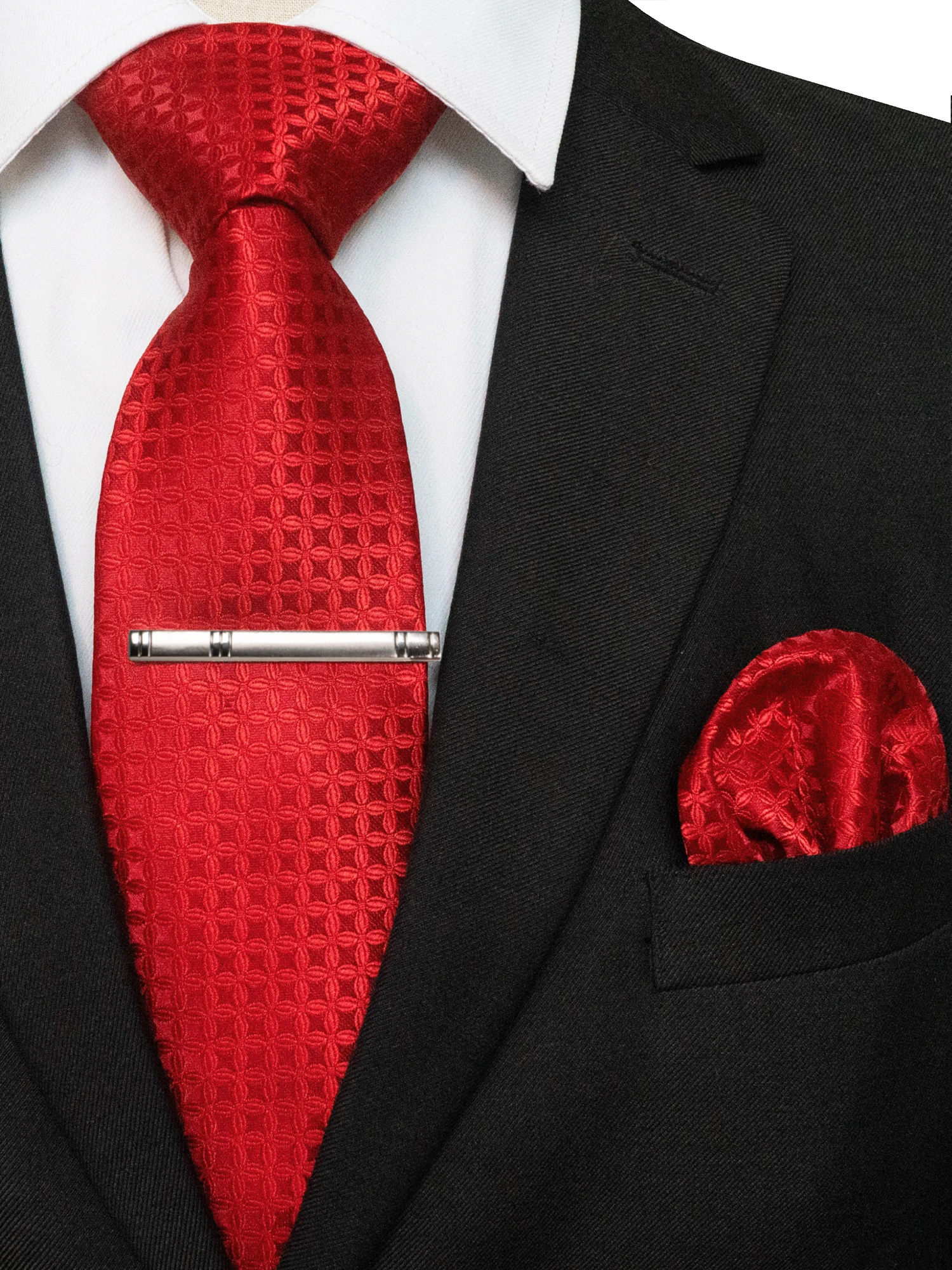 KAMBERFT Klassische Herrenkrawatte mit Krawattenklammer und Einstecktuch, 3-teiliges Set für Büro, Hochzeit, Party – Detail 3