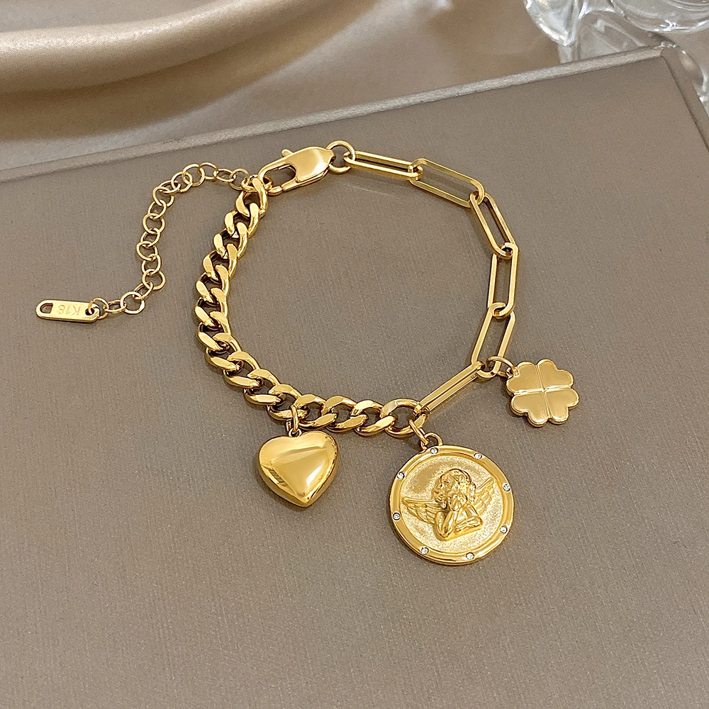 

New Waterproof Gold Color Stainless Steel Chain Bracelet Women Retro Angel Statue Heart Flower Pendant Bracelet Jewelry Gift