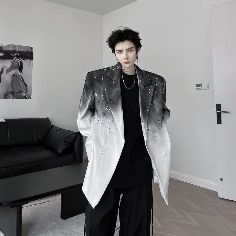 

Мужской костюм с ручной росписью и градиентным дизайном, с подплечниками, модный уличный стиль, корейская версия, осенняя коллекция, трендовое пальто