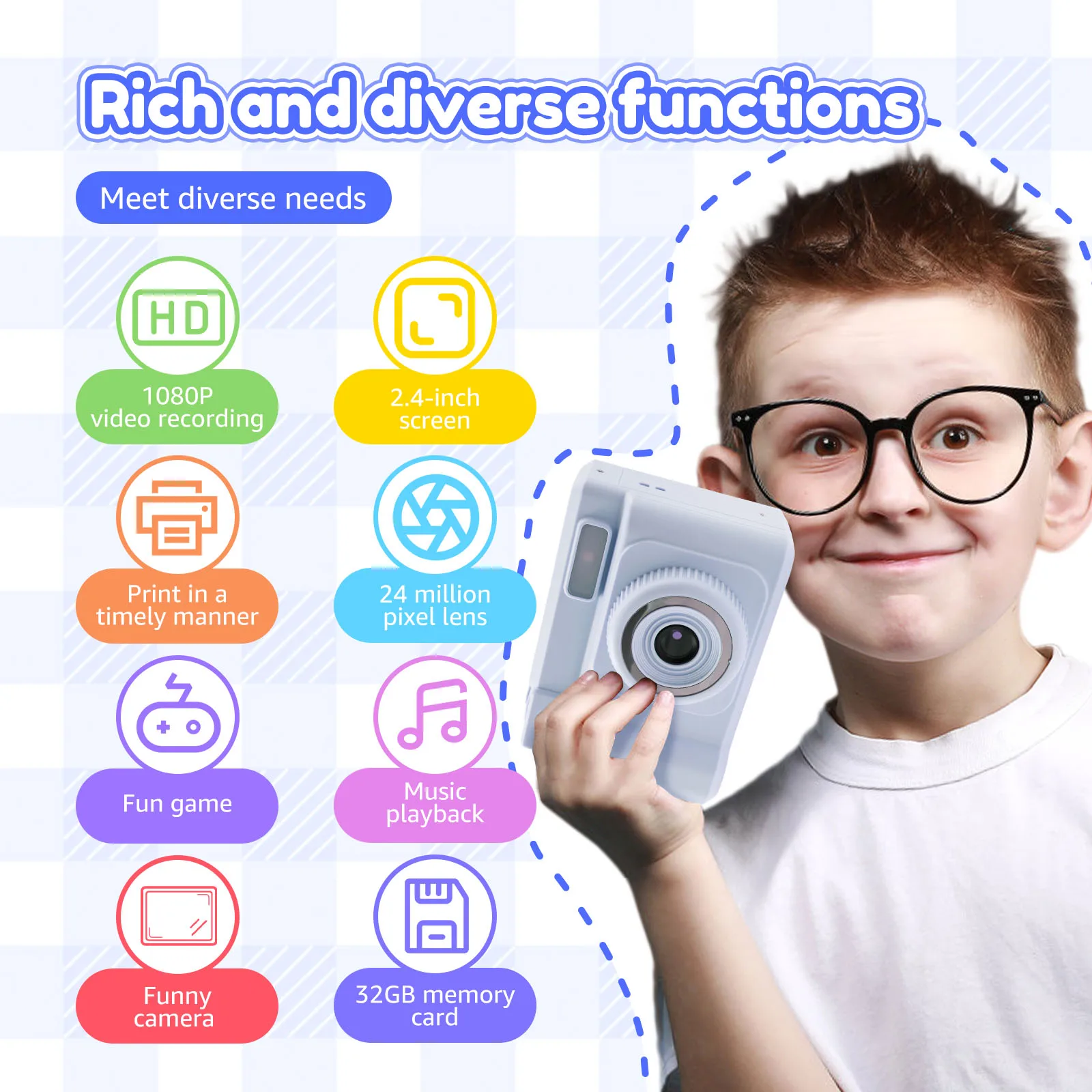 즉석 인화 카메라, 인화지 및 32G 카드 포함, 1080P HD 비디오, 어린이용 즉석 인화 카메라, 여자아이 생일 선물