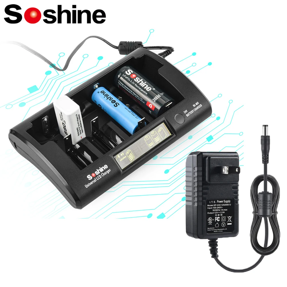 Soshine Ni-MH Li-ion LiFePO4 LCD Universal Charger 18650 26650 32650 10440 14500 18500 21700 32700 9V AAA AA C D Battery Charger