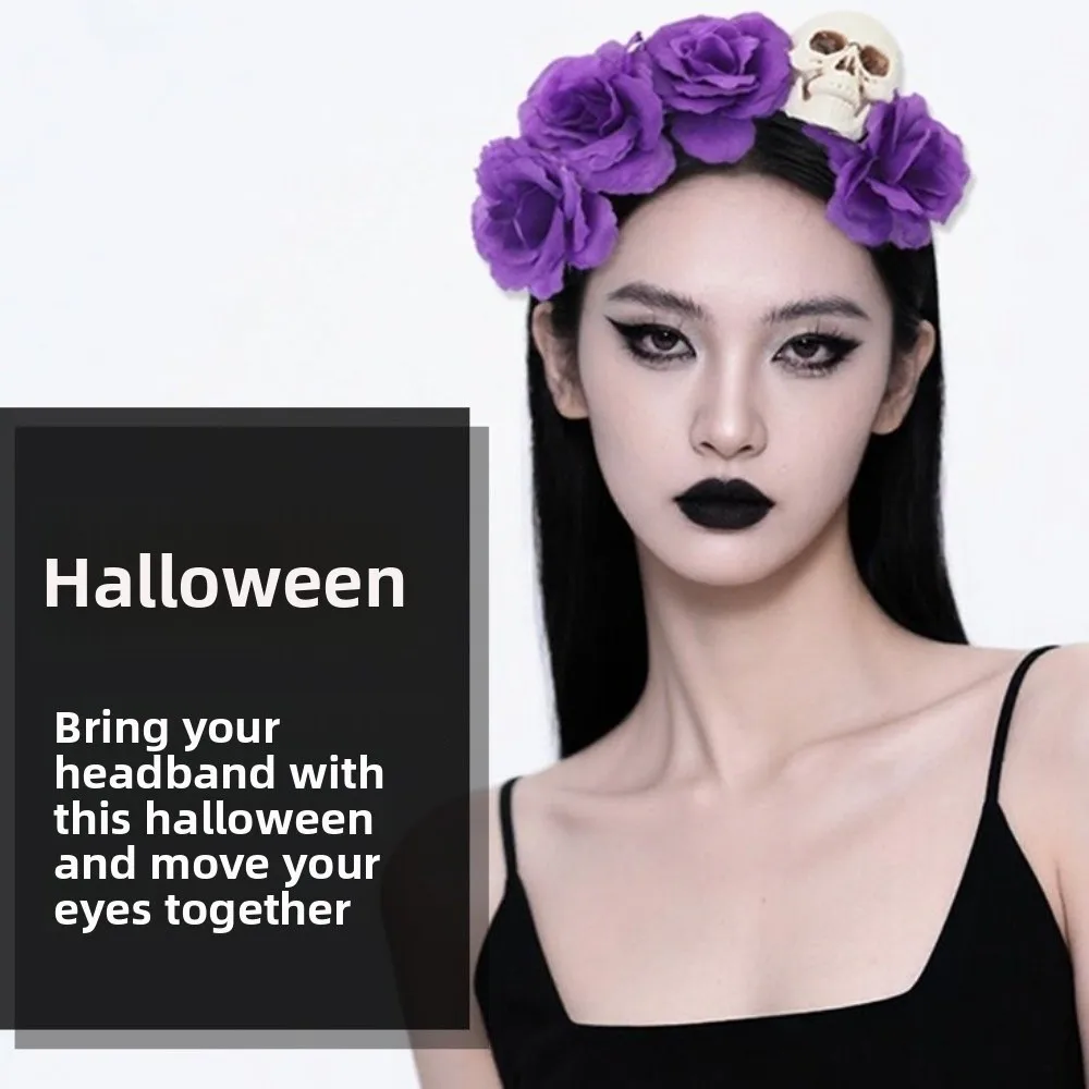 Exaggerated Skull Head Headband Halloween Decor Colorful Halloween Hair Hoop Funny Simulation Flower Gothic Flower Hairband