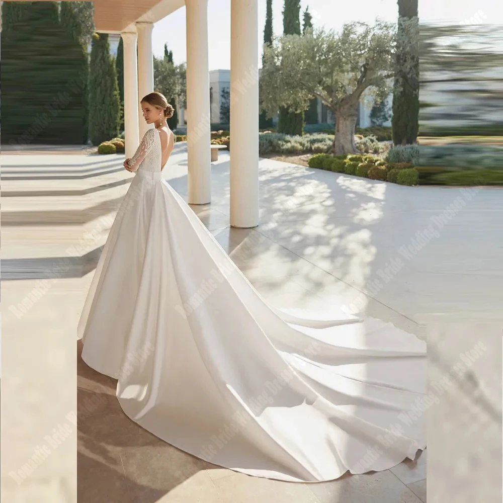 Eleganti abiti da sposa con finitura in raso da donna Sexy maniche lunghe girocollo abiti da sposa da principessa splendidi abiti da spiaggia De Novia