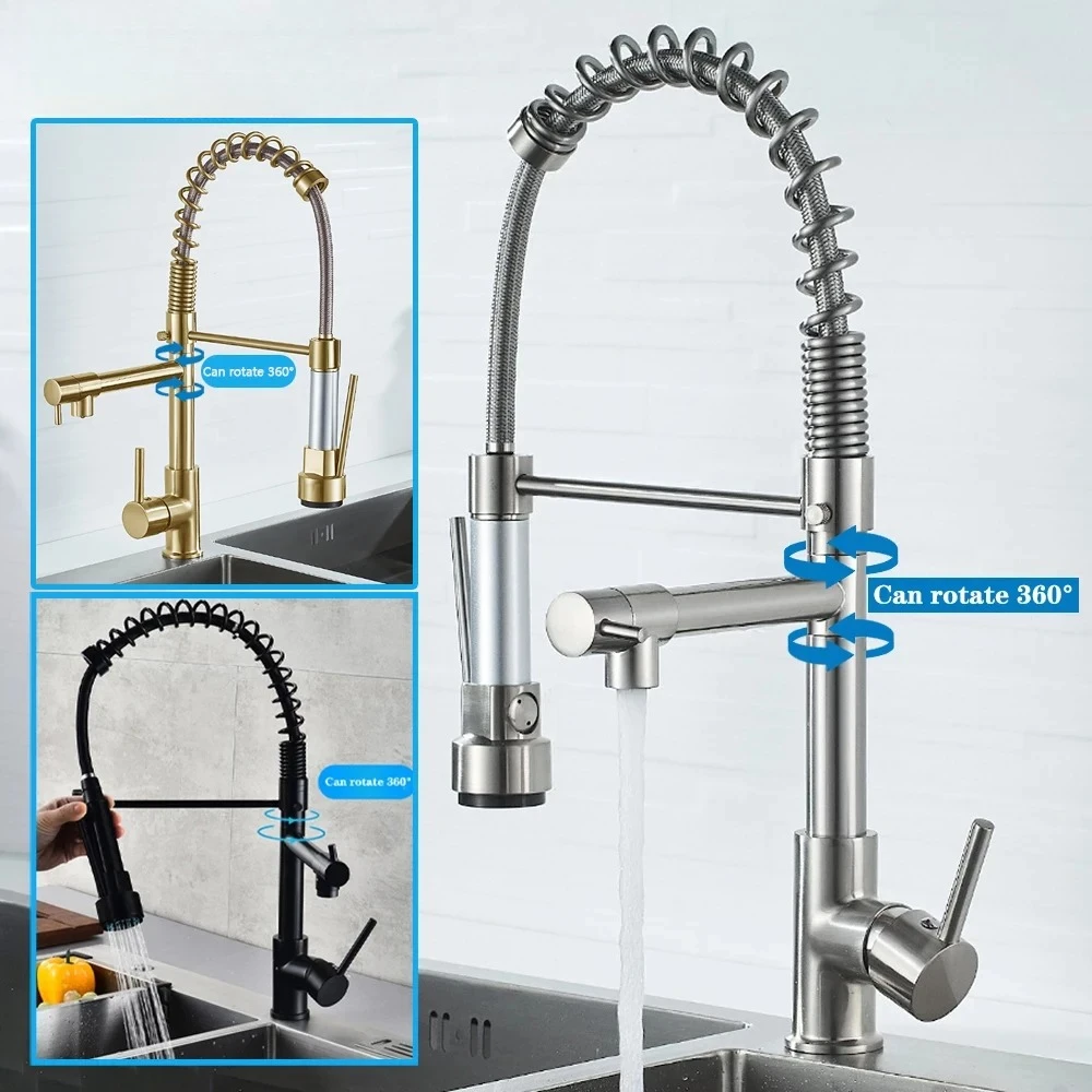 1pc Black Brushed Spring Pull Down Kitchen Sink Faucet Hot & Cold Water Mixer Crane Tap with Dual Spout Deck Mounted