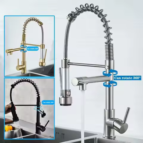 1pc Black Brushed Spring Pull Down Kitchen Sink Faucet Hot &amp; Cold Water Mixer Crane Tap with Dual Spout Deck Mounted