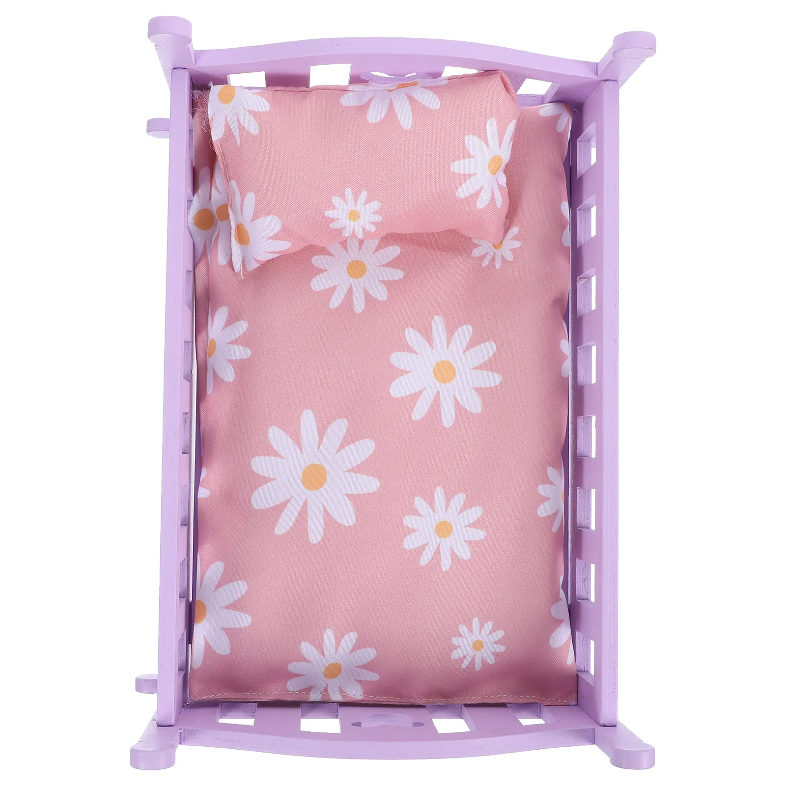 

1Set Chic Mini Wooden Crib for Mini House Smooth Design Simple Colors Includes Mattress Space Saving Bookshelf Desktop Decor