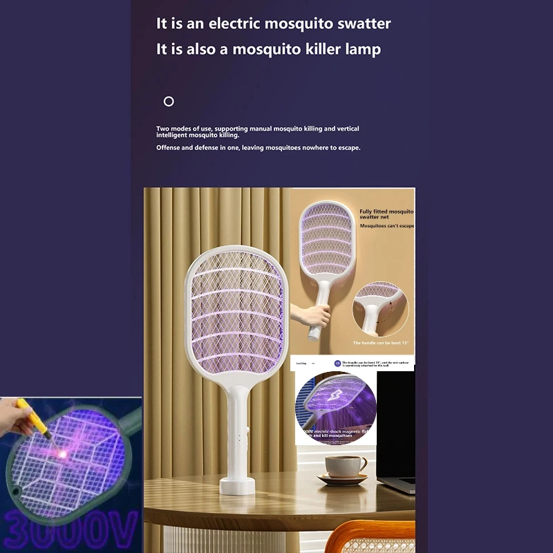 

2-in-1 3000v Electric Mosquito Swatter Usb Rechargeable Mosquito Swatter Home Multifunctional Automatic Electric Fly Swatter