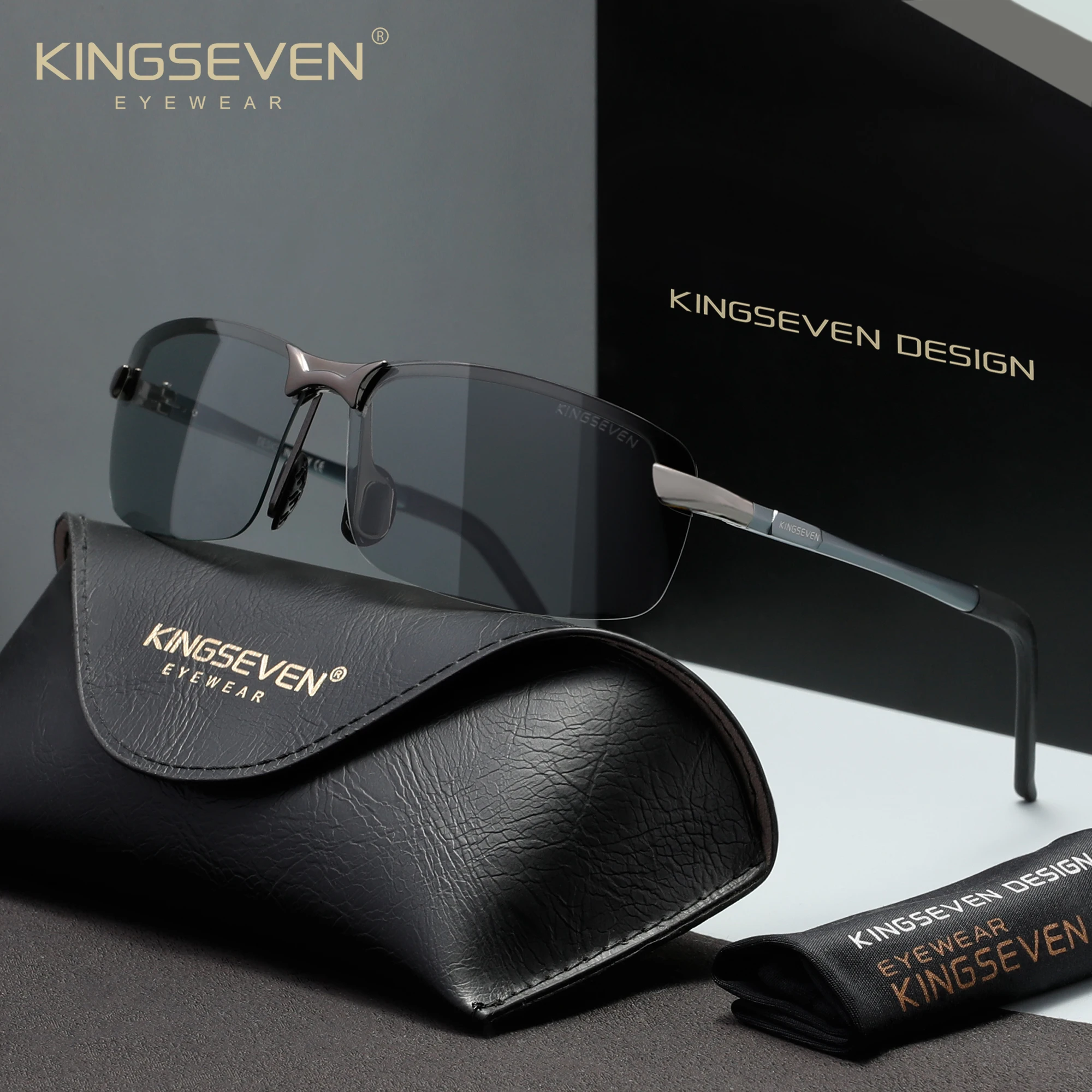 KINGSEVEN Photochrome Sonnenbrille für Männer und Frauen, Chamäleon, randlos, polarisiert, blendfrei, Fahrbrille, UV400