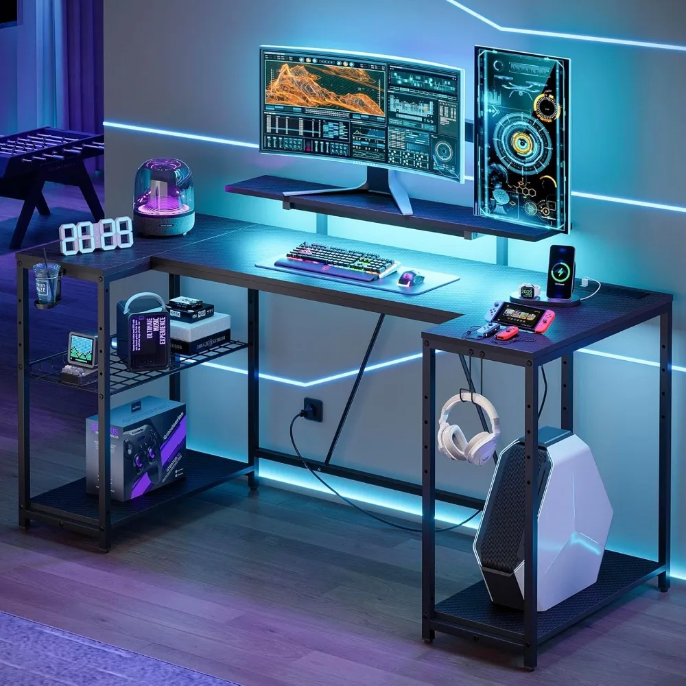 63 inch Gaming Desk with LED Lights & Power Outlets,  U Shaped Computer Desk with Monitor Stand & Storage Shelves,Carbon Fiber