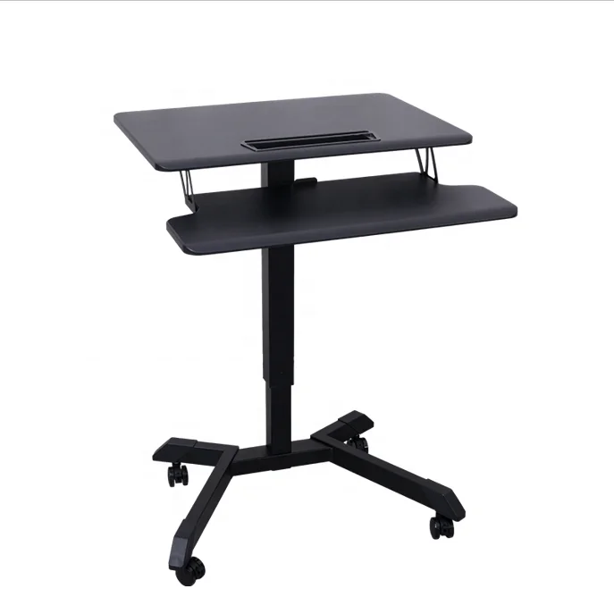 Office Single Column Pneumatic Height Adjustable Sit Standing Workstarion Mobile Computer  Desk  with wheels keyboard tray