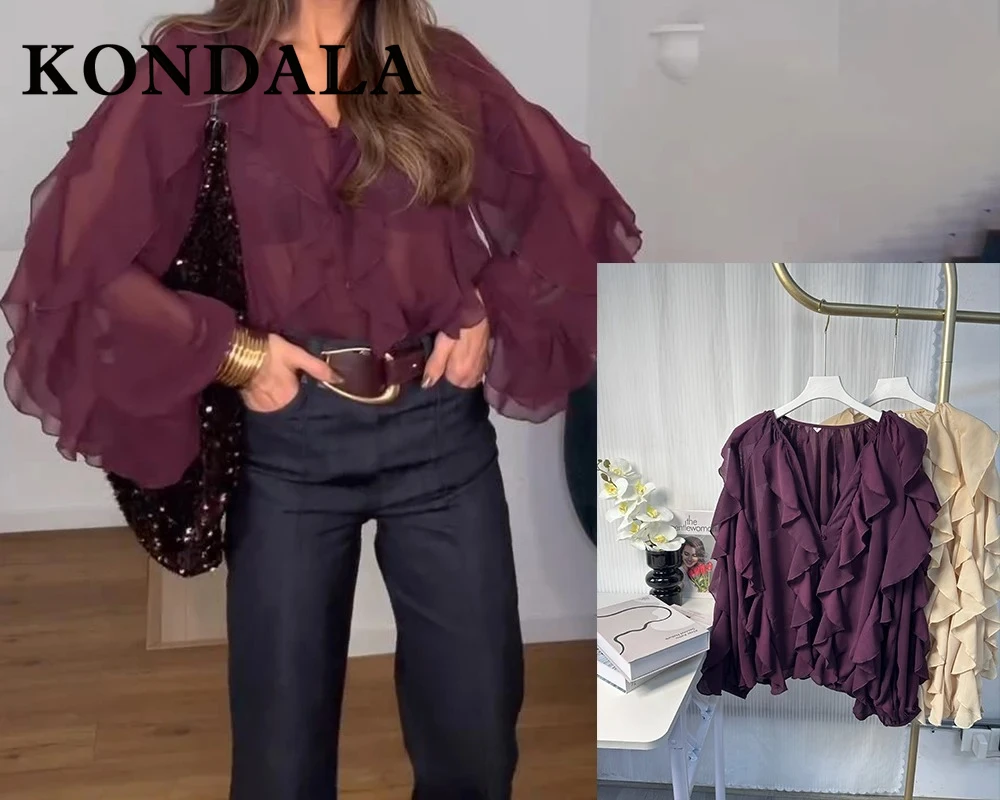 

KONDALA сексуальные женские летние шикарные прозрачные рубашки однобортная блузка с v-образным вырезом многоуровневая однотонная свободная рубашка модные блузки 2025