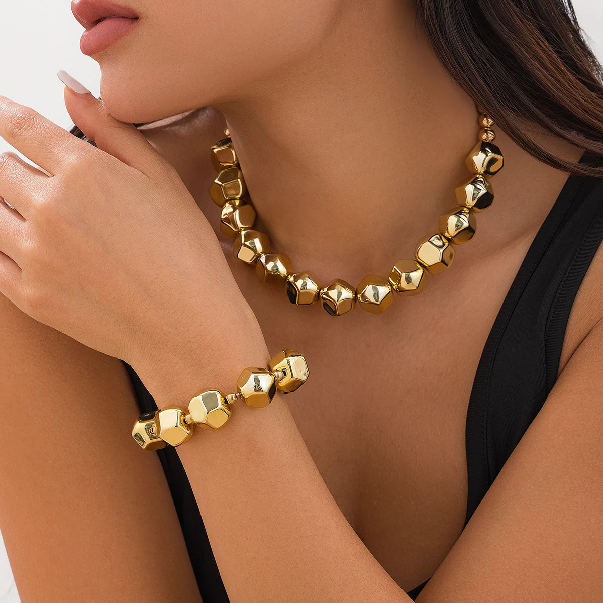Salircon Minimalismus Geometrische CCB Perlen Kette Halsband Halskette Armbänder für Frauen Männer 2024 Trend Punk Party Schmuck Set