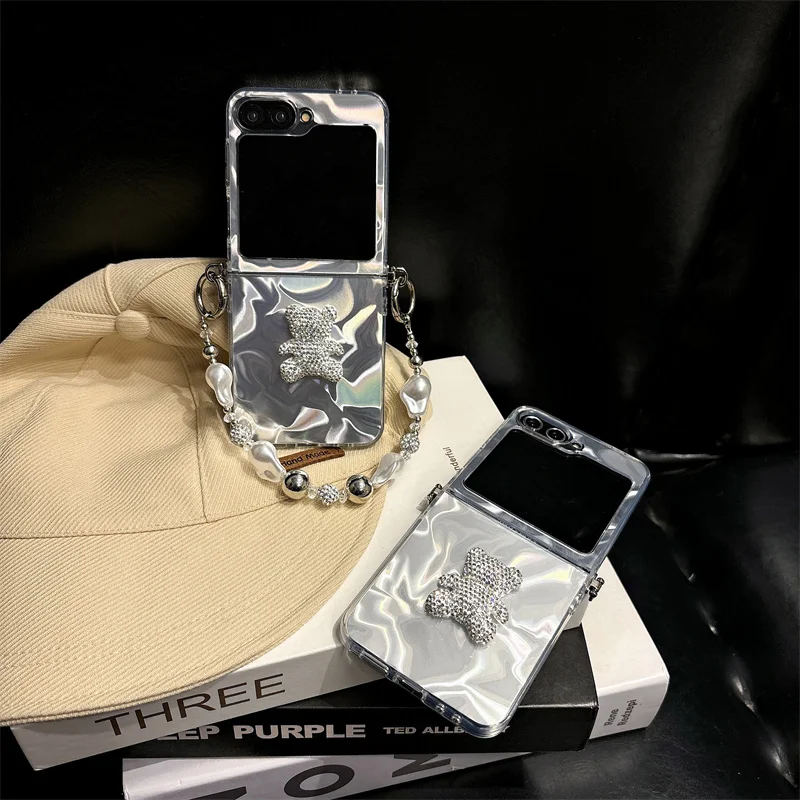 Phone Case For Samsung Galaxy Z Flip 6 5 4 3 Cover with Chain Cute Rhinestone Bear Water Ripple Cases For Z Flip5 Flip4 Flip3 5G