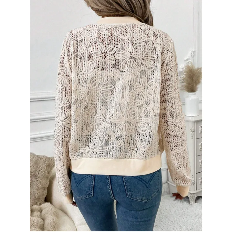 Women's Elegant Hollow Flower Lace Zipper Jacket Long Sleeved Pleated Transparent Crochet Cardigan Casual Daily Thin Outer Top