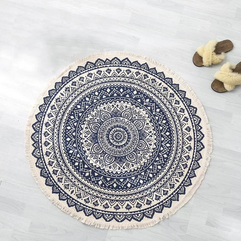 Boho Ethnic Round Carpet Tassel Rugs Black Blue Mandala Carpet for Living Room Modern Classic Cotton Linen Morocco Carpets
