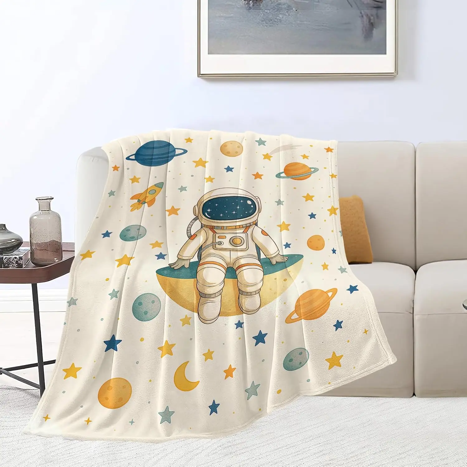 Cartoon Astronaut Planet Moon Star Cream White Base Flannel Throw Blanket,Soft Warm Sofa Cover,Space Gift For Kids Bedroom Daily