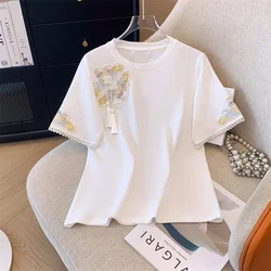 Chinese Style Geometric Crop Tops Women T-shirt Loose Short Sleeve Basic Summer Clothes Embroidery Tops Woman O-neck Cotton Tees