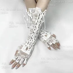 Japanese lolita lace long arm sleeve sweet cool girls lace-up mesh bandage white black arm warmers gloves