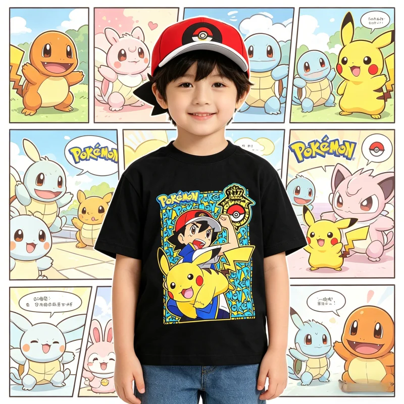 2026 Summer Pokemon Ash Ketchum Pikachu Cotton T-Shirt, Unisex Casual Breathable Quick Dry Plus Size Family Matching Sports Tee