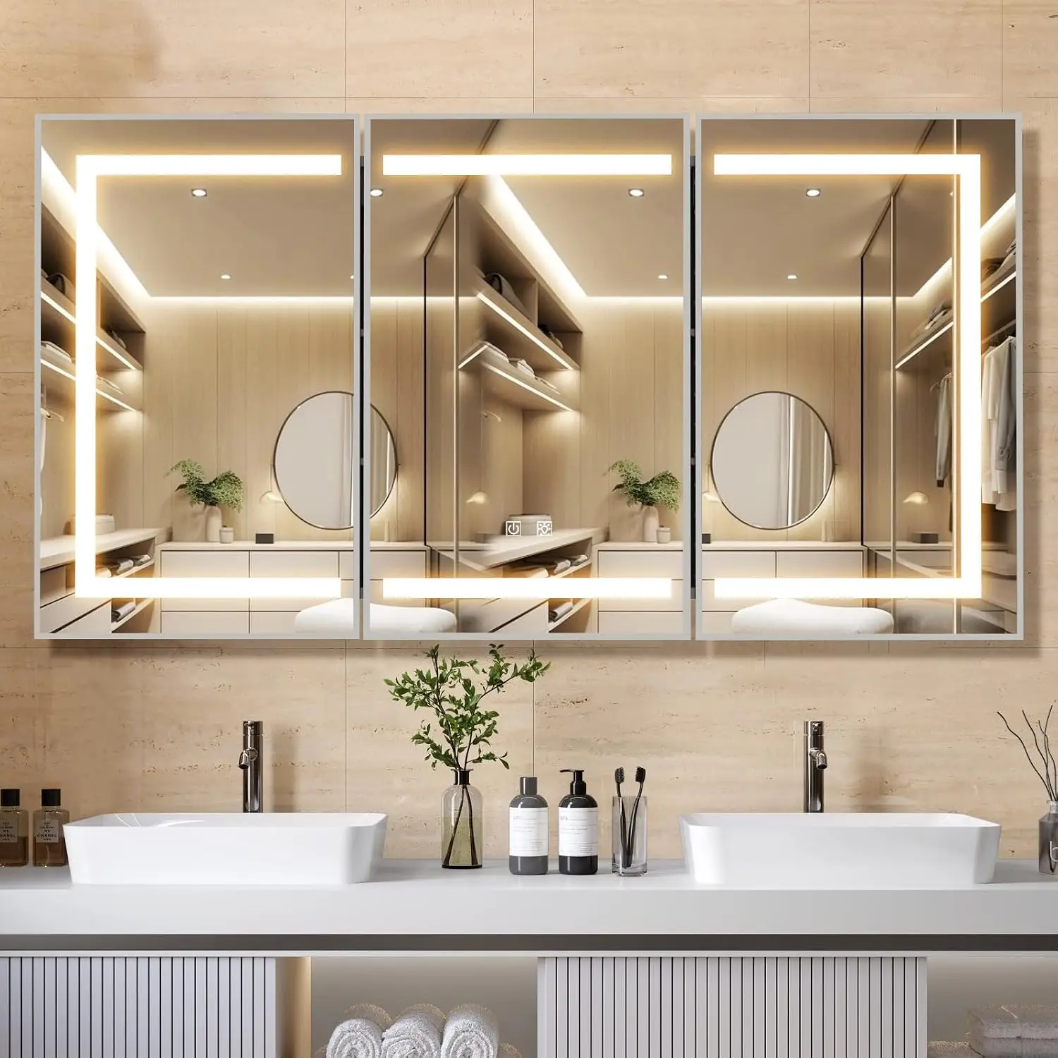 Lighted Bathroom Medicine Cabinet Mirror 60x32 Inch Silver Recessed & Surface Mount Storage LED 3 Color Dimmable, Customized