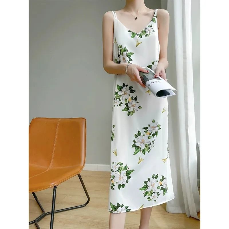 シルクブレンド サマー新作 スレヴァイオン アソーファイア レディース ストラップ付き ミディアム丈 アセテートサテンベーススカート Aラインガウン