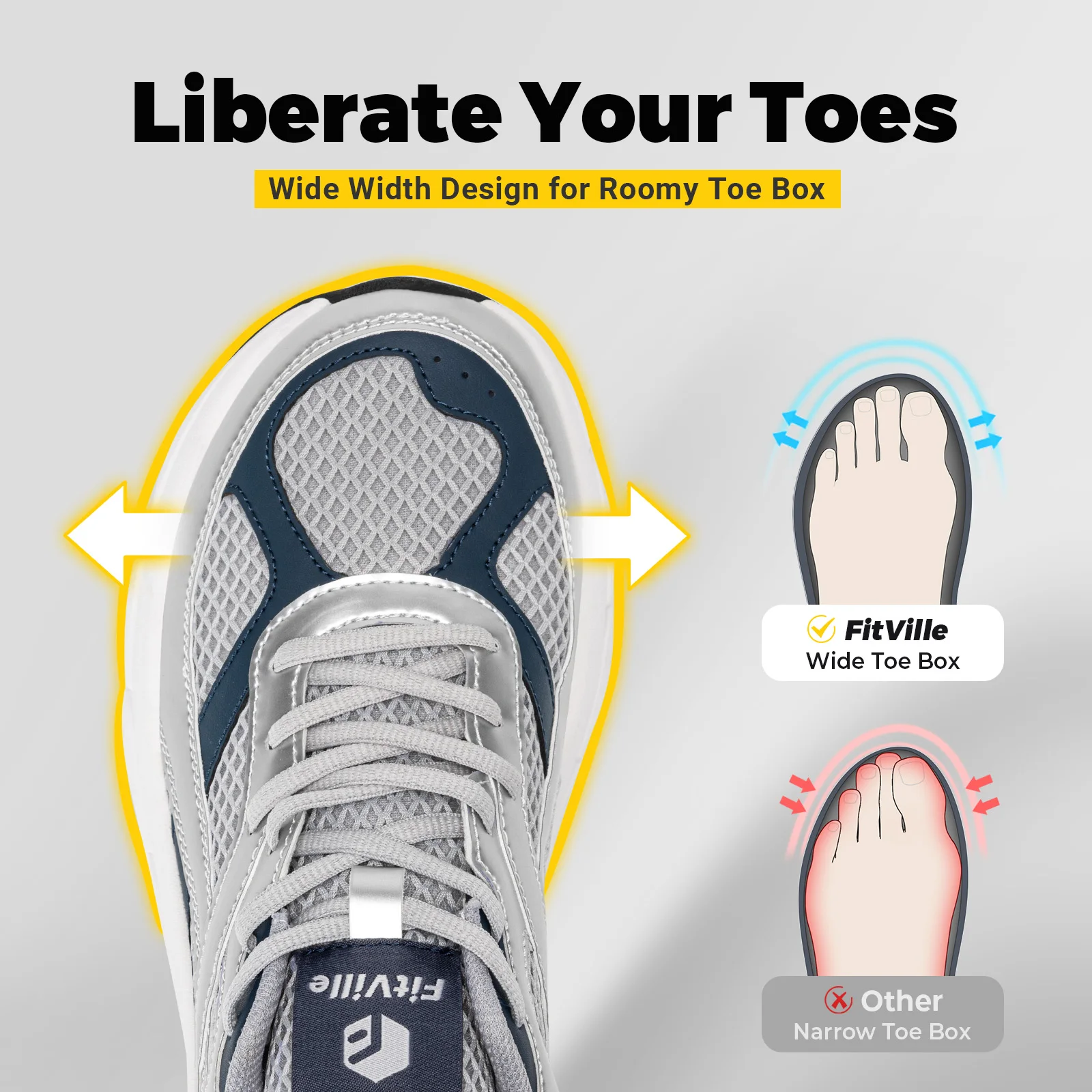 FitVille Extra Wide Toe Men's Walking Shoes Breathable Sports Sneakers Casual Shoes for Men Arch Support For Flat Feet Plantar