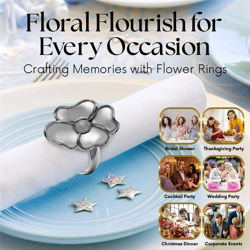 حلقات مناديل PB-Flower - حاملات مناديل أنيقة غير قابلة للصدأ للمناديل الورقية ومفارش الطاولة للعشاء، مجموعة من 12 قطعة