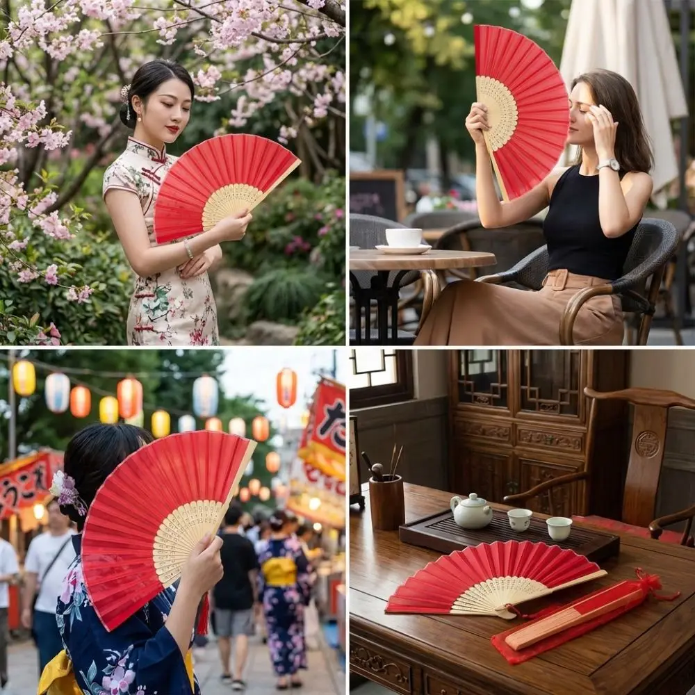 Classical Chinese Style Folding Fan Wear Resist Cooling Tool Silk Hand Fan with Tassel with Organza Bag Dance Fan Wedding Favors