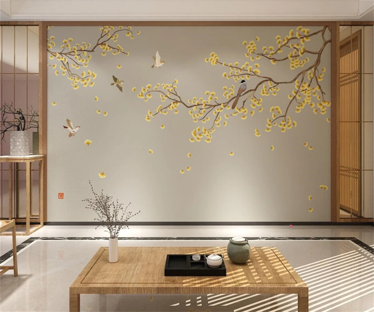 

beibehang Customized New Chinese TV Background Ginkgo Leaf Flower Bird Living Room Sofa Bedroom Movie Wallpaper wall paper