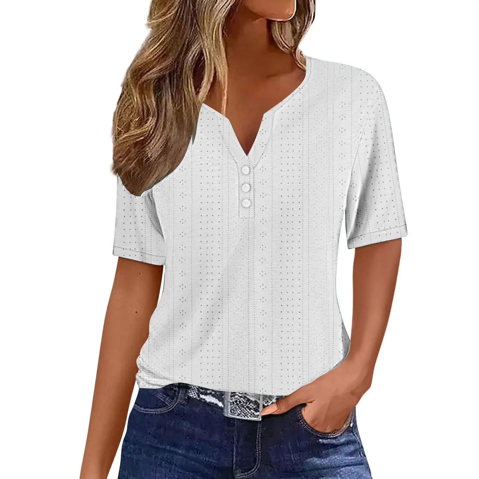 Women's Summer Top Holiday Style Fashion Casual Loose And Comfortable V-neck Jacquard Hollow Short-sleeved T-shirt