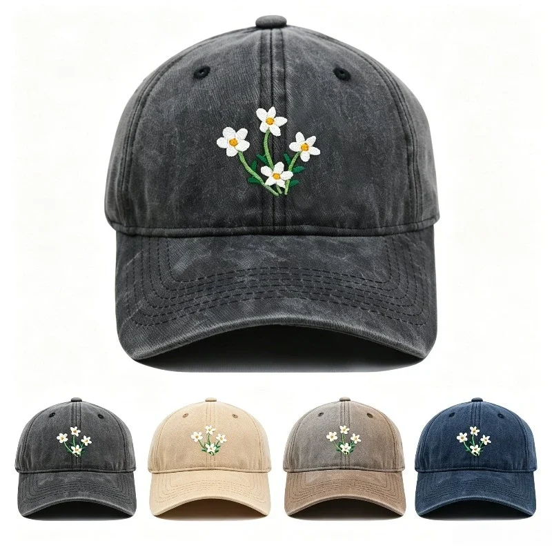Vintage Washed Cotton Daisy Flower Embroidery Baseball Cap Unisex Adjustable Curved Brim Dad Hat Floral Casual Outdoor Sun Hat