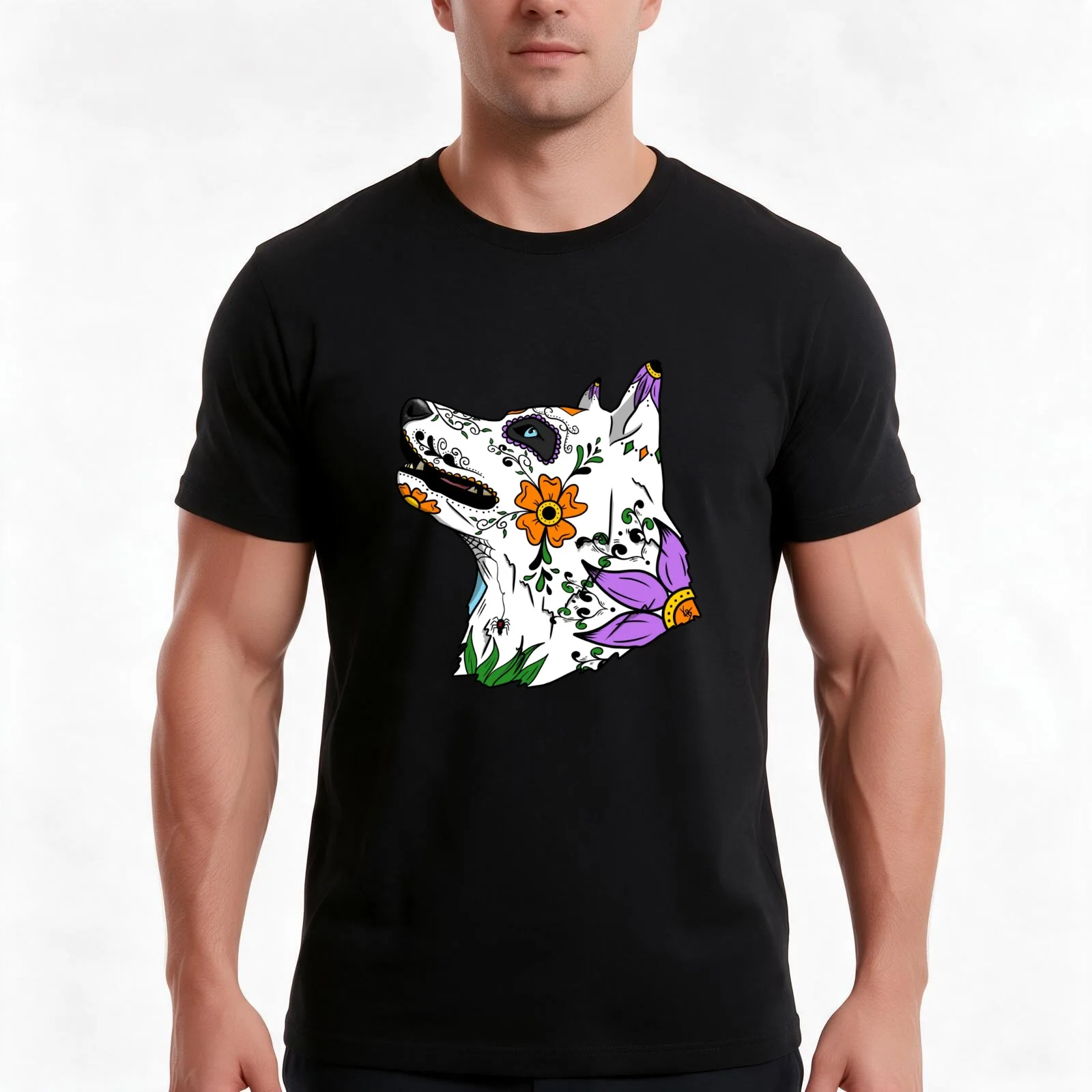 Husky Sugar Skull T-Shirt, Summer Casual Cotton Tee, Oversized Streetwear Tops, Vintage Graphic Print, Loose Fit Short Sleeve
