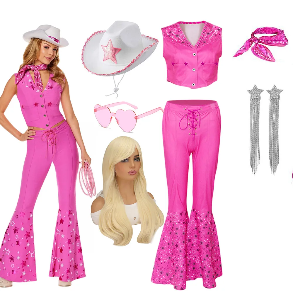 Lovely Cowgirl Suit Pink Vest Top and Flared Pants Adult and Kids Margot Robbie Cowboy\'s Look Girls Clothing Set Barbei Uniform