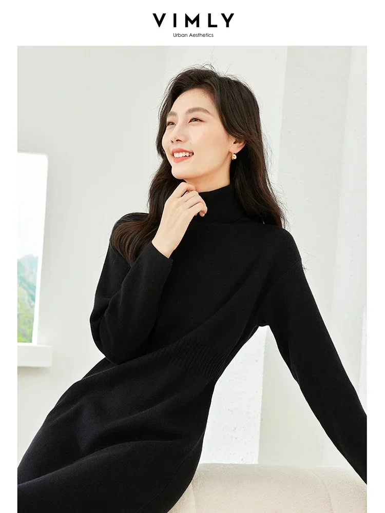 Vimly Black Turtleneck Knitted Dress 2023 Winter Pullover Long Sleeve Straight Midi Sweater Dresses Elegant Female Clothes 72531