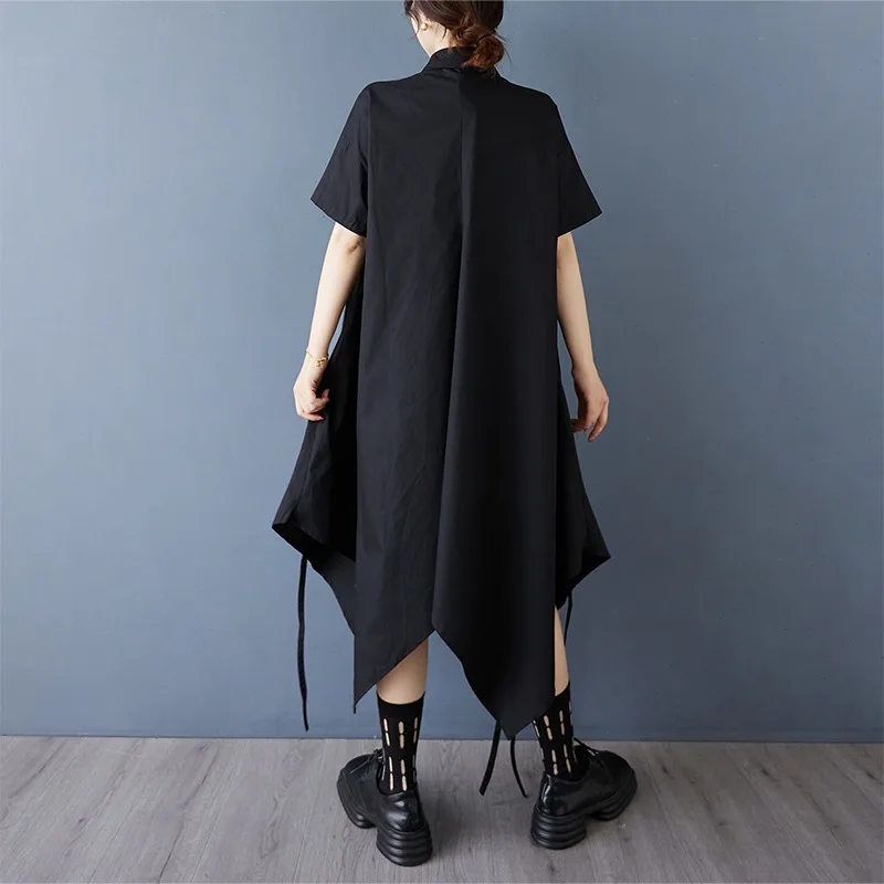 Small niche dark style summer drawstring design casual chic irregular shirt skirt fashionable casual dress