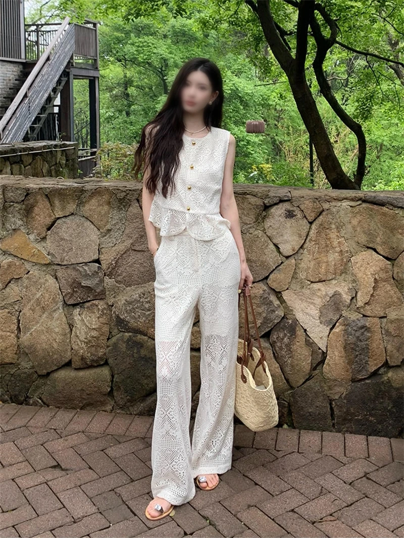 Lingzhi Wu French Elegant White Pants Set All Match Lace Hollow Out Tank Long Pants Suit Najwyższej jakości dwuczęściowy garnitur New Arrival