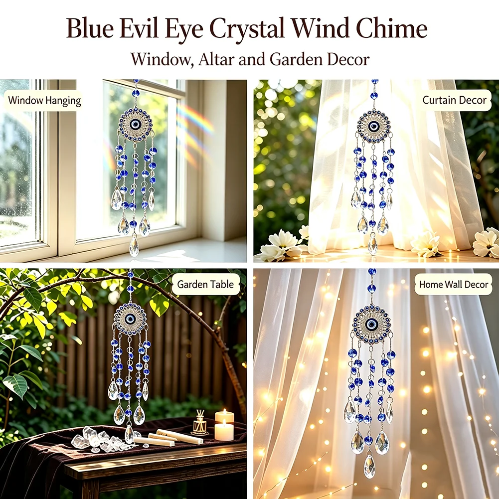 Nazar Blue Eye Crystal Suncatcher  5 Strand Teardrop Prism Rainbow Maker Window Hanging Pendant Filigree Amulet Decor Gift