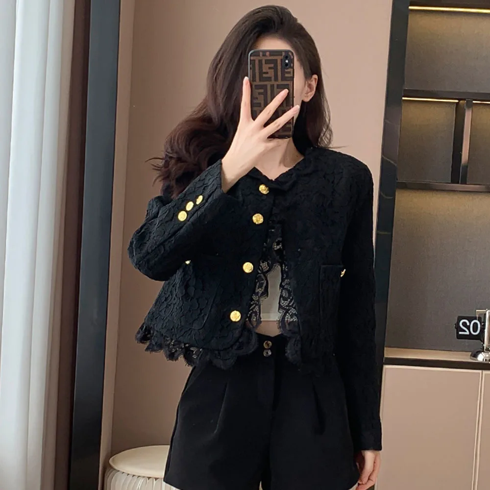 Elegant Lace Patchwork Jacket Womens Single Breasted Coats Lady France Retro Chic Outerwear Streetwear Casual Fashion Clothing