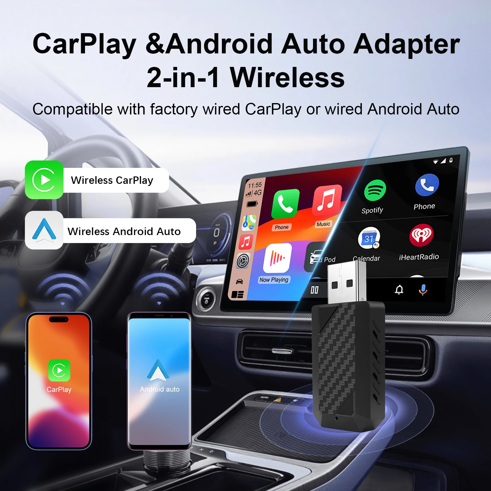 

Беспроводной автомобильный адаптер CarPlay и Android 2-в-1, преобразует OEM, проводной в беспроводной, 5GWiFi, стабильный ключ Plug & Play, универсальный для автомобиля 99%