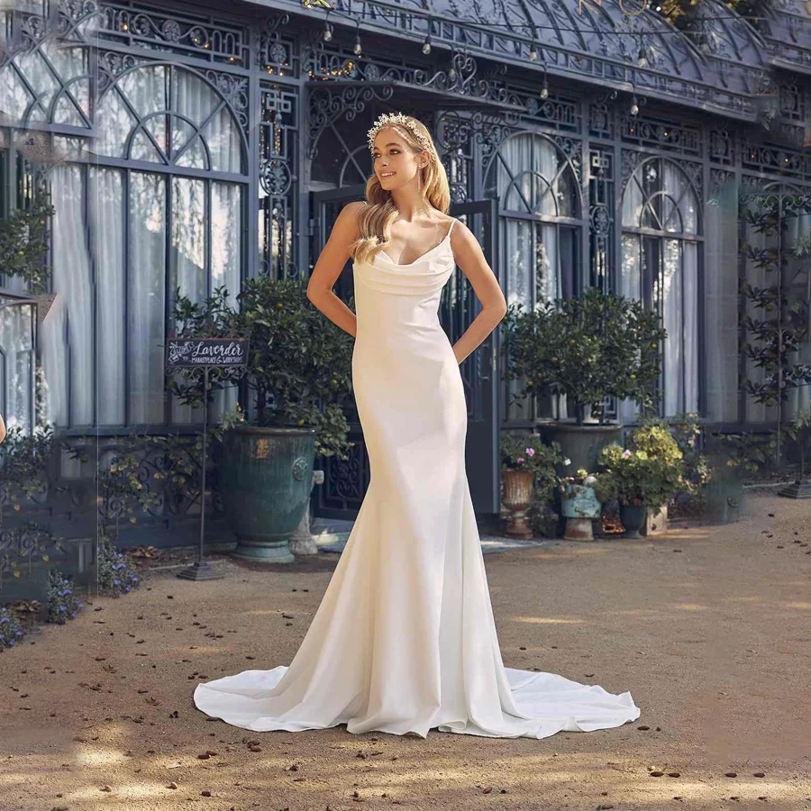 

Mesmerizing Sheath Wedding Dress with Spaghetti Straps Sensational Pleated Bridal Gown with Watteau Train for Women 2024